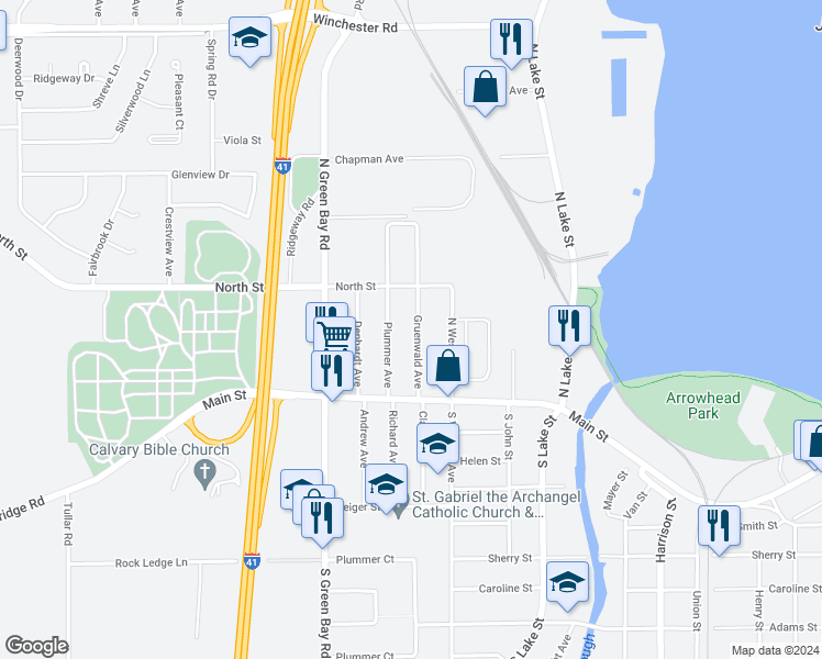 map of restaurants, bars, coffee shops, grocery stores, and more near 160 Gruenwald Avenue in Neenah