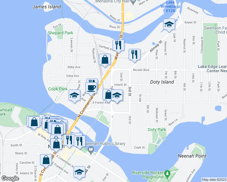 map of restaurants, bars, coffee shops, grocery stores, and more near 335 1st Street in Neenah