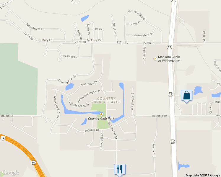 map of restaurants, bars, coffee shops, grocery stores, and more near 100 Bay Hill Court in Mankato