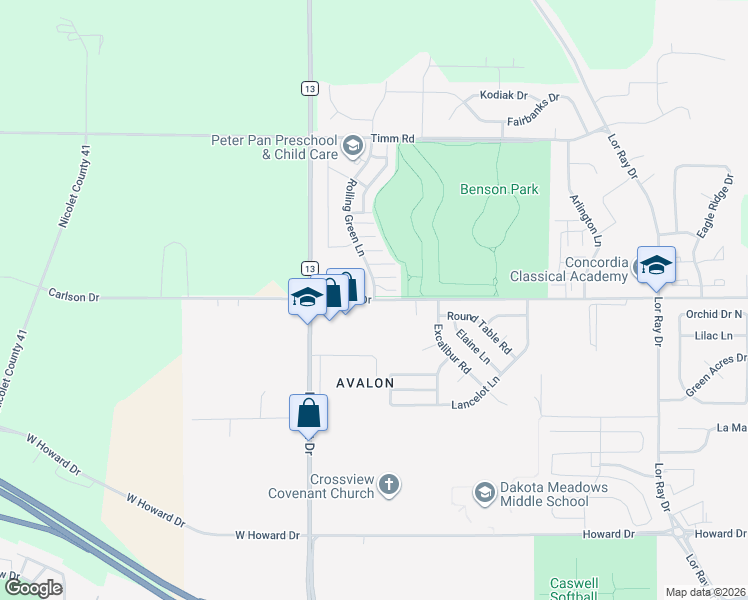 map of restaurants, bars, coffee shops, grocery stores, and more near 2095-2099 Carlson Drive in North Mankato