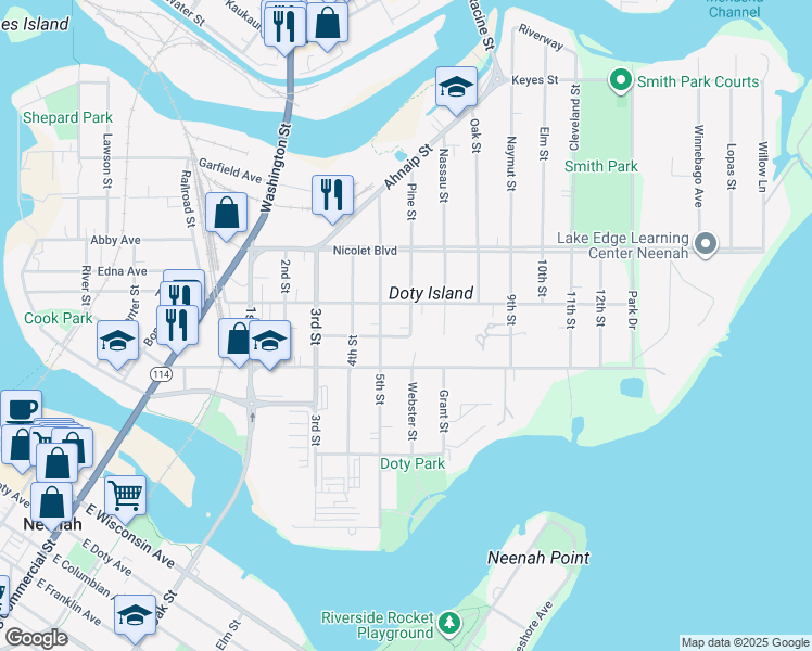 map of restaurants, bars, coffee shops, grocery stores, and more near 330 6th Street in Neenah