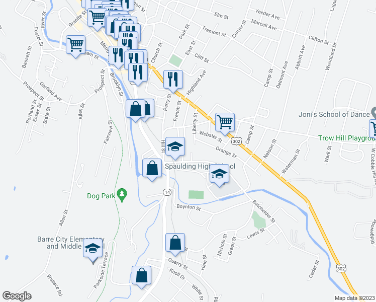map of restaurants, bars, coffee shops, grocery stores, and more near 10 Murray Street in Barre