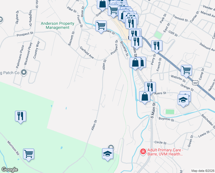 map of restaurants, bars, coffee shops, grocery stores, and more near 70 Allen Street in Barre