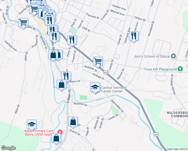 map of restaurants, bars, coffee shops, grocery stores, and more near 47 Orange Street in Barre