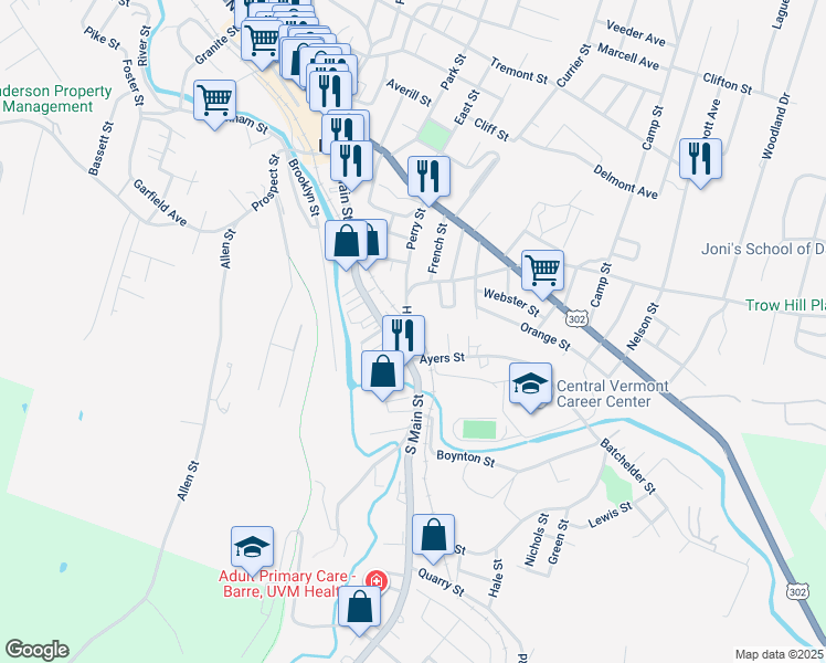 map of restaurants, bars, coffee shops, grocery stores, and more near 13 Hill Street in Barre