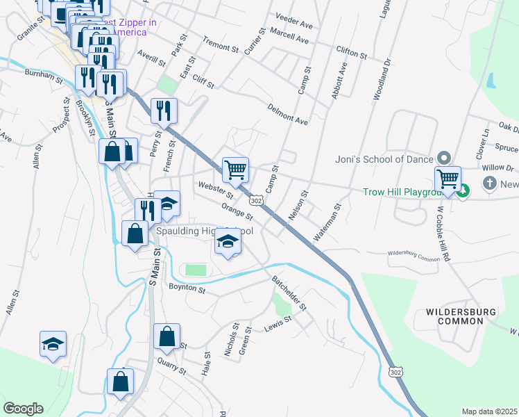 map of restaurants, bars, coffee shops, grocery stores, and more near 185 Washington Street in Barre