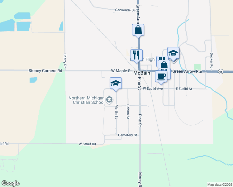map of restaurants, bars, coffee shops, grocery stores, and more near 128 Martin Street in McBain