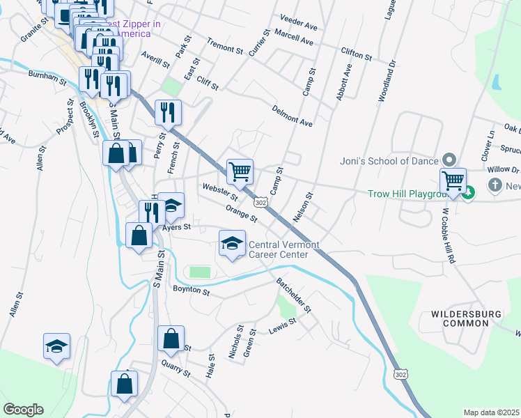 map of restaurants, bars, coffee shops, grocery stores, and more near 185 Washington Street in Barre