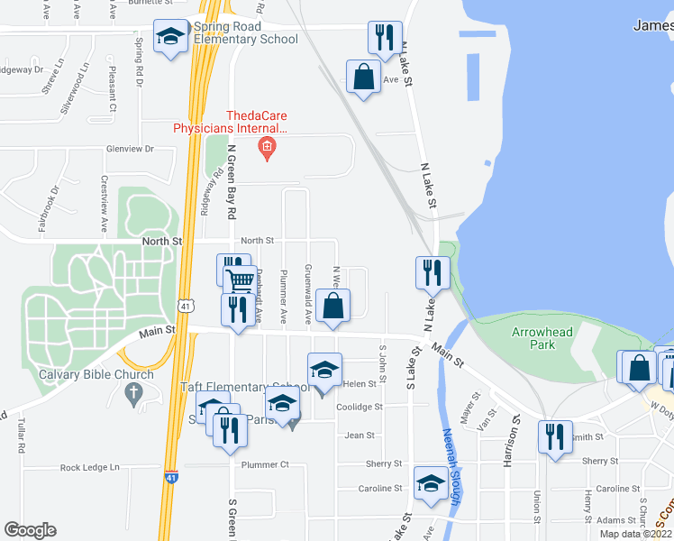 map of restaurants, bars, coffee shops, grocery stores, and more near 134 North Western Avenue in Neenah