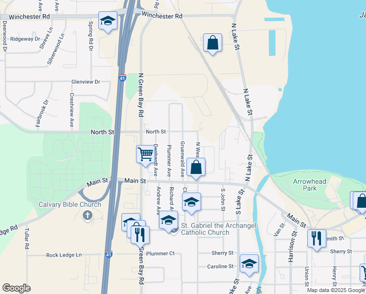 map of restaurants, bars, coffee shops, grocery stores, and more near 164 Gruenwald Ave in Neenah