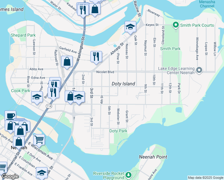 map of restaurants, bars, coffee shops, grocery stores, and more near 330 6th Street in Neenah