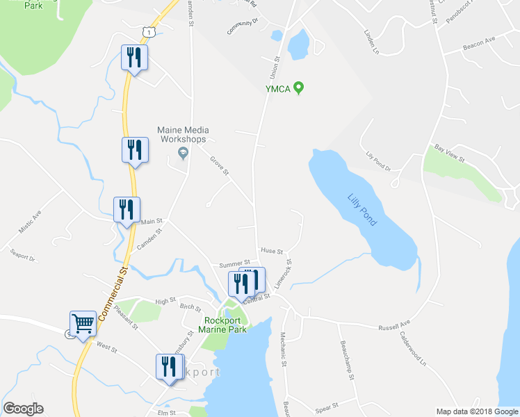 map of restaurants, bars, coffee shops, grocery stores, and more near 192 Union Street in Rockport