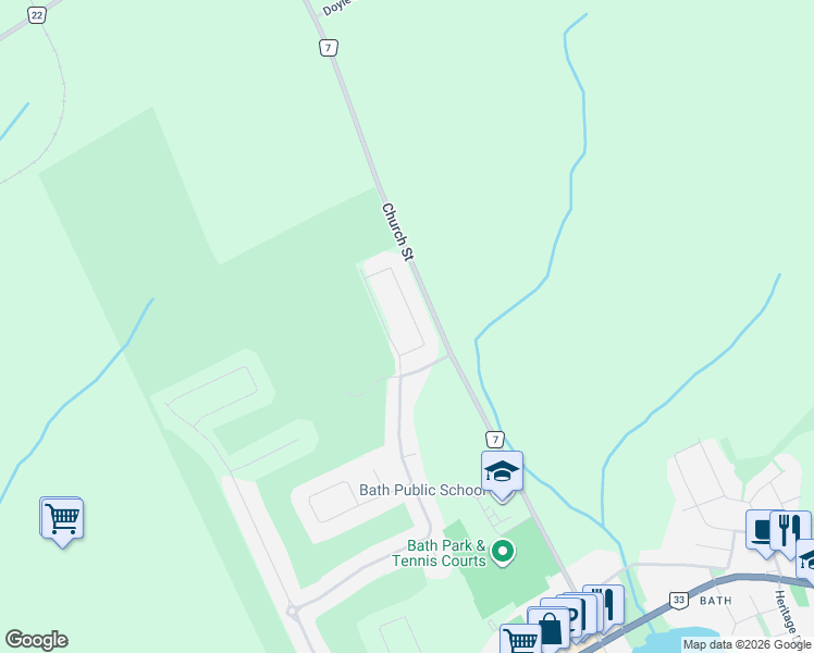 map of restaurants, bars, coffee shops, grocery stores, and more near 494 Country Club Drive in Bath