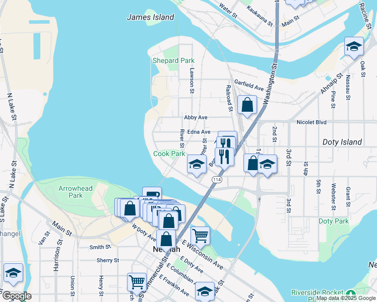 map of restaurants, bars, coffee shops, grocery stores, and more near 317 West Forest Avenue in Neenah