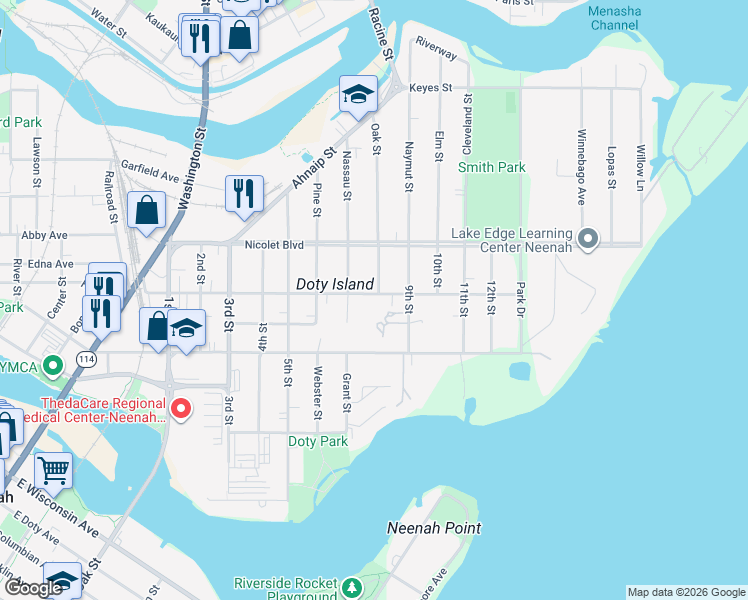 map of restaurants, bars, coffee shops, grocery stores, and more near 813 Hewitt Street in Neenah