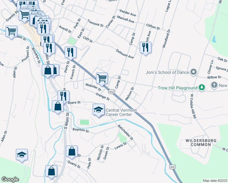 map of restaurants, bars, coffee shops, grocery stores, and more near 185 Washington Street in Barre