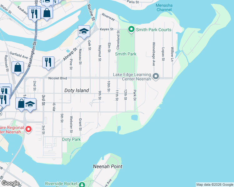 map of restaurants, bars, coffee shops, grocery stores, and more near 11th Street in Neenah