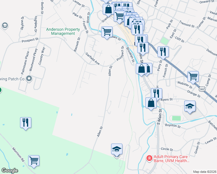 map of restaurants, bars, coffee shops, grocery stores, and more near 70 Allen Street in Barre