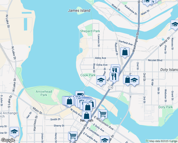 map of restaurants, bars, coffee shops, grocery stores, and more near 409 West North Water Street in Neenah