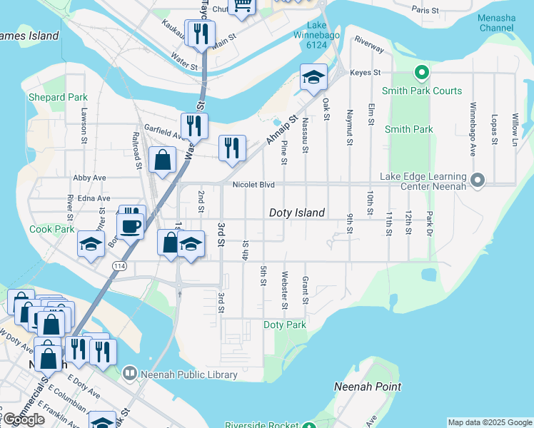 map of restaurants, bars, coffee shops, grocery stores, and more near 417 5th Street in Neenah