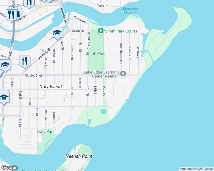 map of restaurants, bars, coffee shops, grocery stores, and more near 442 Beaulieu Road in Neenah