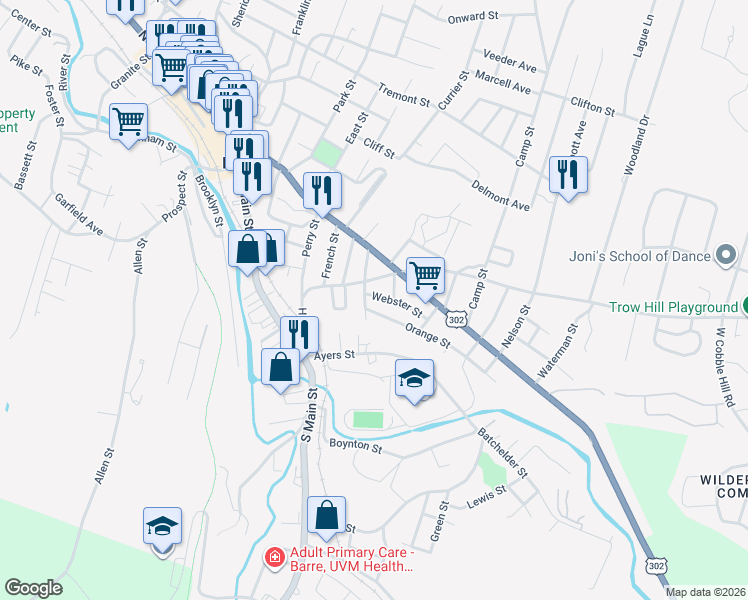 map of restaurants, bars, coffee shops, grocery stores, and more near 1 Webster Street in Barre