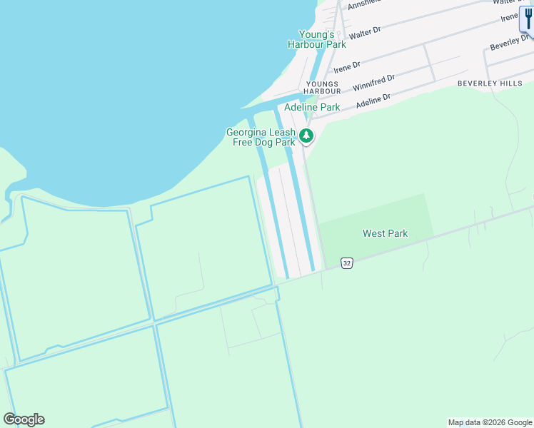 map of restaurants, bars, coffee shops, grocery stores, and more near 45 Bruce Avenue in Georgina