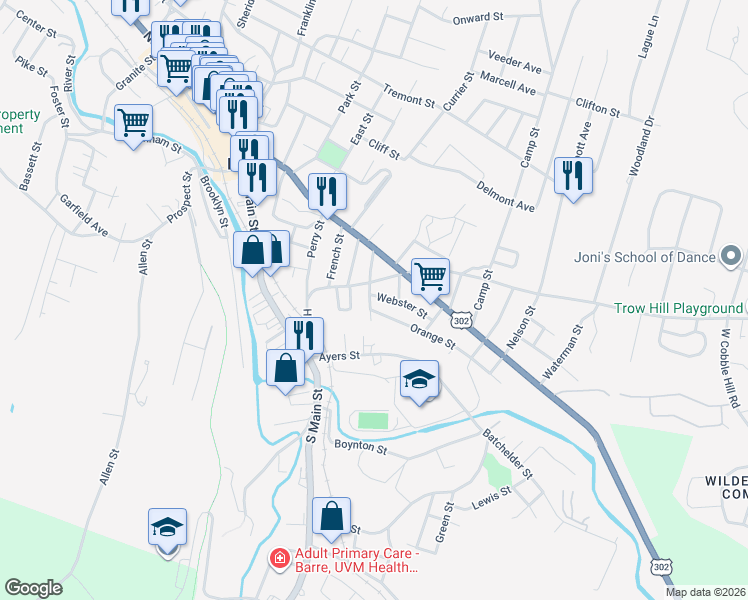 map of restaurants, bars, coffee shops, grocery stores, and more near 63 Hill Street in Barre
