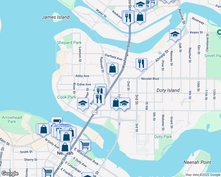 map of restaurants, bars, coffee shops, grocery stores, and more near 500 North Commercial Street in Neenah