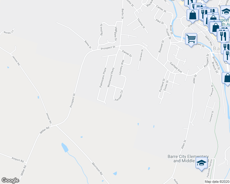 map of restaurants, bars, coffee shops, grocery stores, and more near 18 Fecteau Circle in Barre