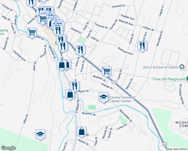 map of restaurants, bars, coffee shops, grocery stores, and more near 83 Hill Street in Barre