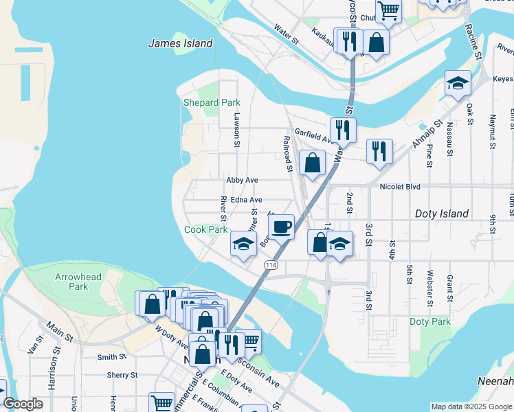 map of restaurants, bars, coffee shops, grocery stores, and more near 316 Center Street in Neenah