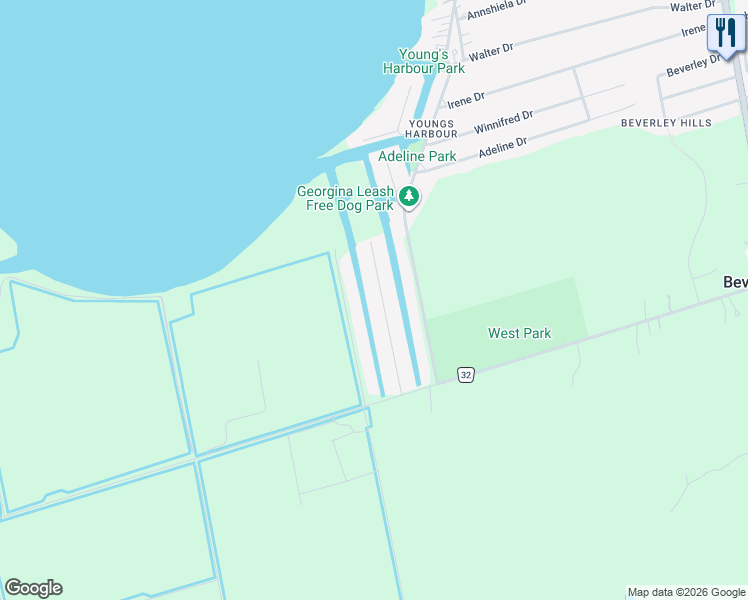 map of restaurants, bars, coffee shops, grocery stores, and more near 44 Canal Street in Georgina