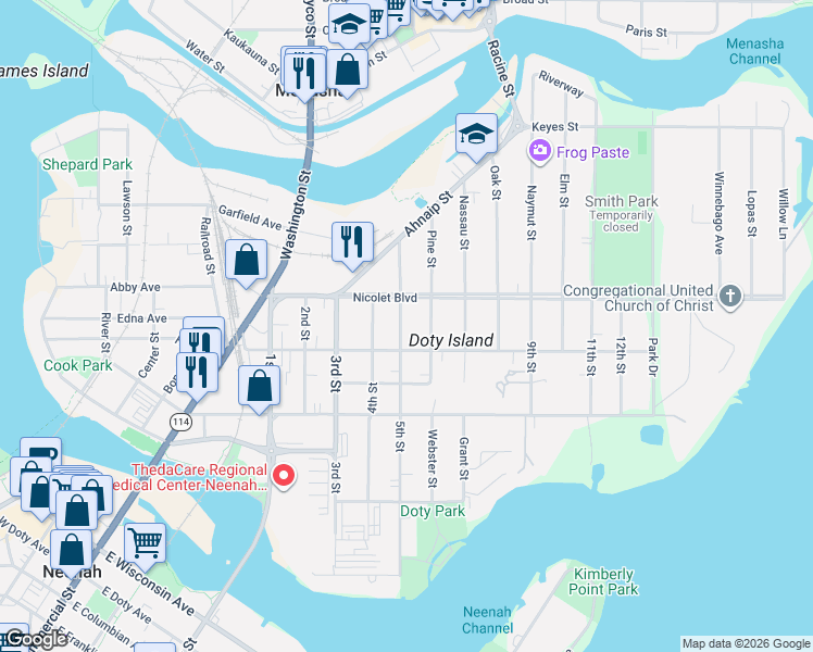 map of restaurants, bars, coffee shops, grocery stores, and more near 421 5th Street in Neenah