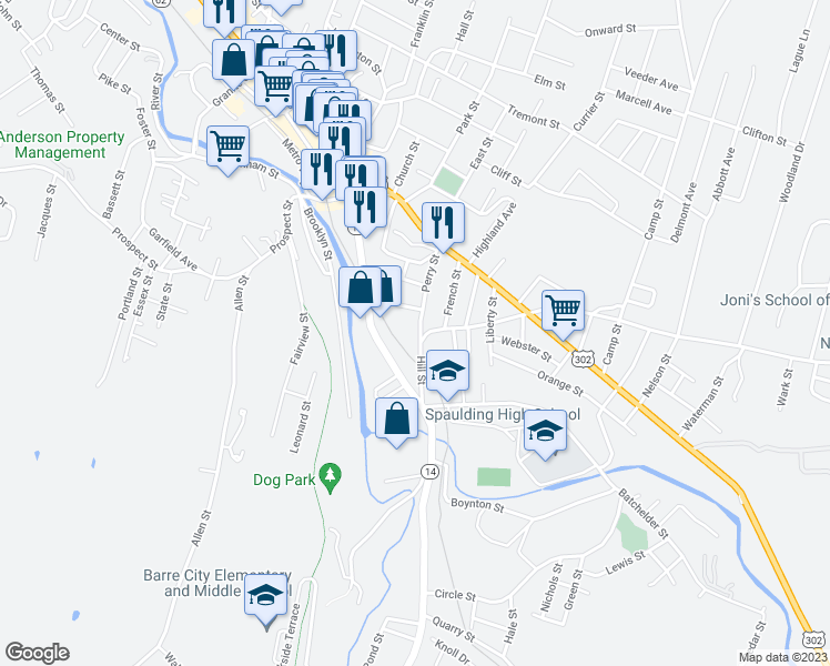 map of restaurants, bars, coffee shops, grocery stores, and more near 69 Perry Street in Barre
