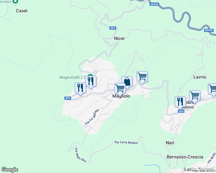 map of restaurants, bars, coffee shops, grocery stores, and more near 5 Via Brunenghi in Magliolo