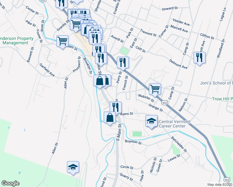 map of restaurants, bars, coffee shops, grocery stores, and more near 67 Perry Street in Barre