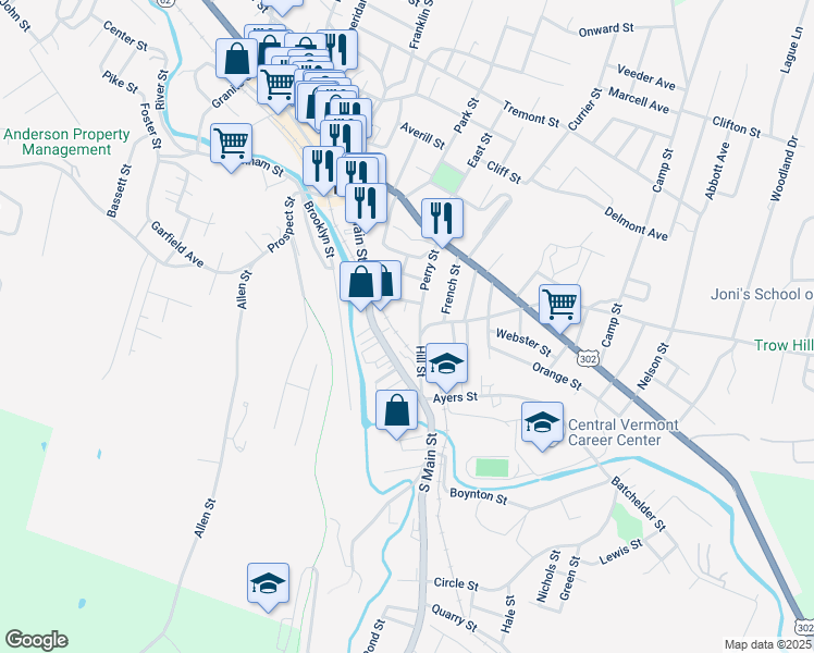 map of restaurants, bars, coffee shops, grocery stores, and more near 67 Perry Street in Barre