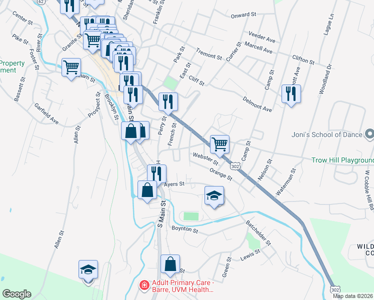 map of restaurants, bars, coffee shops, grocery stores, and more near 63 Hill Street in Barre