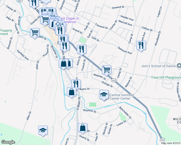 map of restaurants, bars, coffee shops, grocery stores, and more near 63 Hill Street in Barre