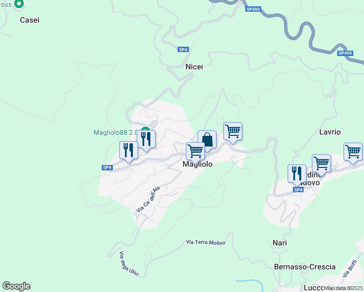 map of restaurants, bars, coffee shops, grocery stores, and more near 5 Via Brunenghi in Magliolo