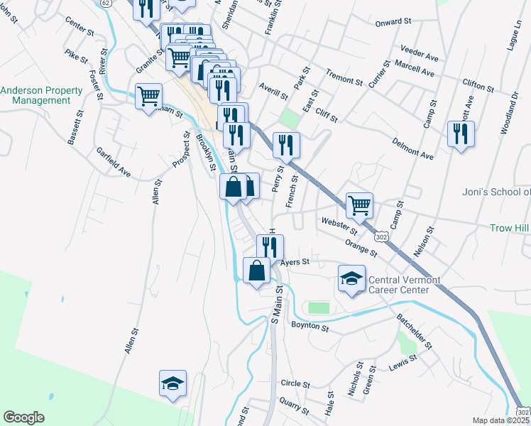 map of restaurants, bars, coffee shops, grocery stores, and more near 67 Perry Street in Barre