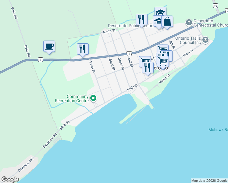 map of restaurants, bars, coffee shops, grocery stores, and more near 52 College Street in Deseronto