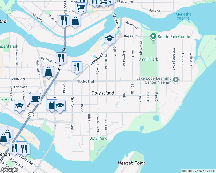map of restaurants, bars, coffee shops, grocery stores, and more near 421 7th Street in Neenah