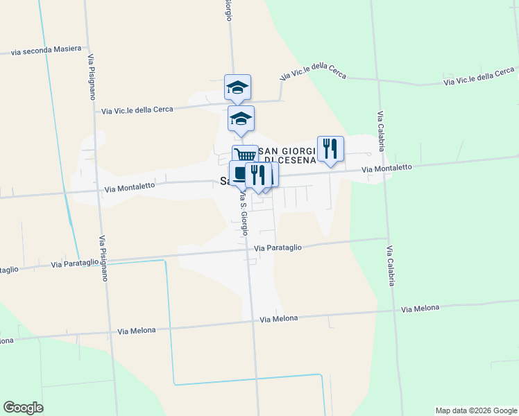 map of restaurants, bars, coffee shops, grocery stores, and more near 75 Via Alvaro Campana in Cesena