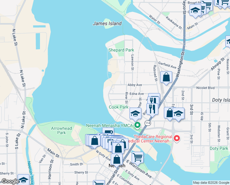 map of restaurants, bars, coffee shops, grocery stores, and more near 420 Edna Avenue in Neenah