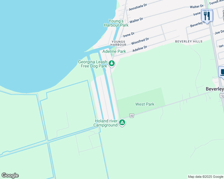 map of restaurants, bars, coffee shops, grocery stores, and more near 710 Lake Drive South in Georgina