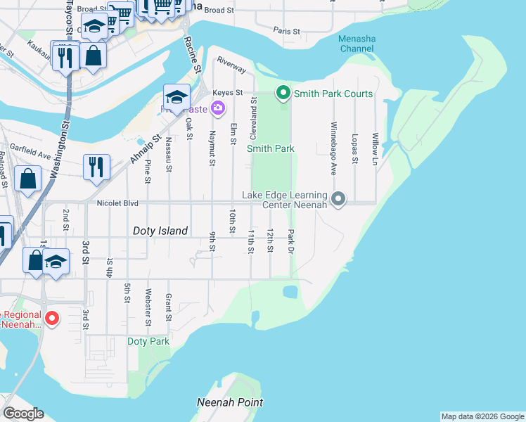 map of restaurants, bars, coffee shops, grocery stores, and more near 422 12th Street in Neenah