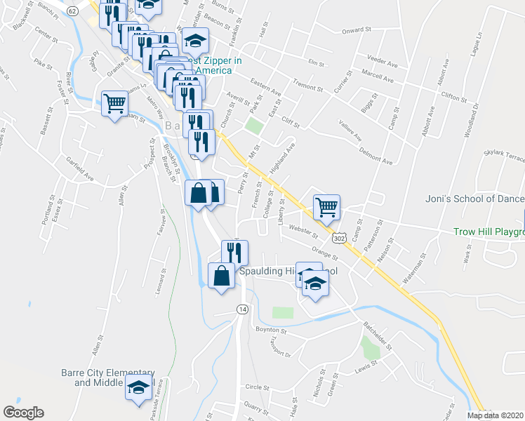 map of restaurants, bars, coffee shops, grocery stores, and more near 31 College Street in Barre