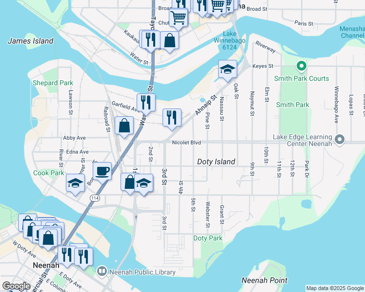 map of restaurants, bars, coffee shops, grocery stores, and more near 503 Nicolet Boulevard in Neenah